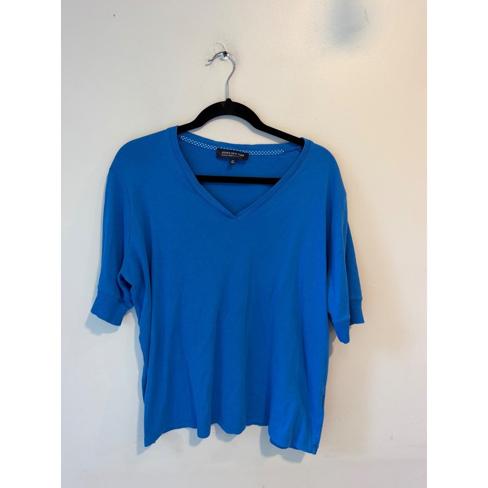 Jones New York Signature Woman Blue V-Neck Cotton Top Plus Size 2X Short Sleeve